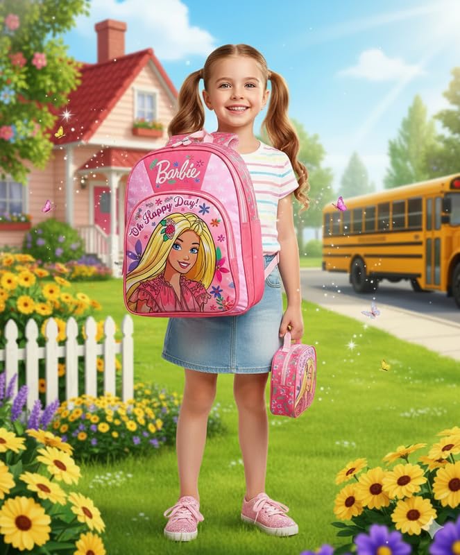 Image of STRIDERS Barbie School Backpack for Kids - Stylish, Lightweight Pink Backpack with Padded Comfortable Straps & Fun Graphic Design - Ideal for School & Travel