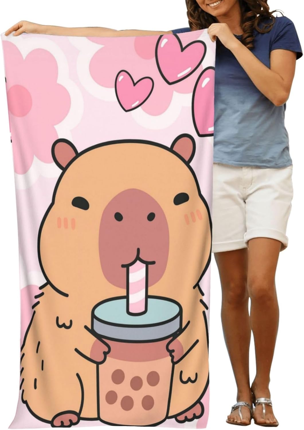 Beach Towel for Women Kids Girls, Cute Capybara Boba Tea Sand-Free Microfiber Ultra Soft Lightweight Bath Towels for Outdoor Bathroom Swimming 31x51in, Gifts
