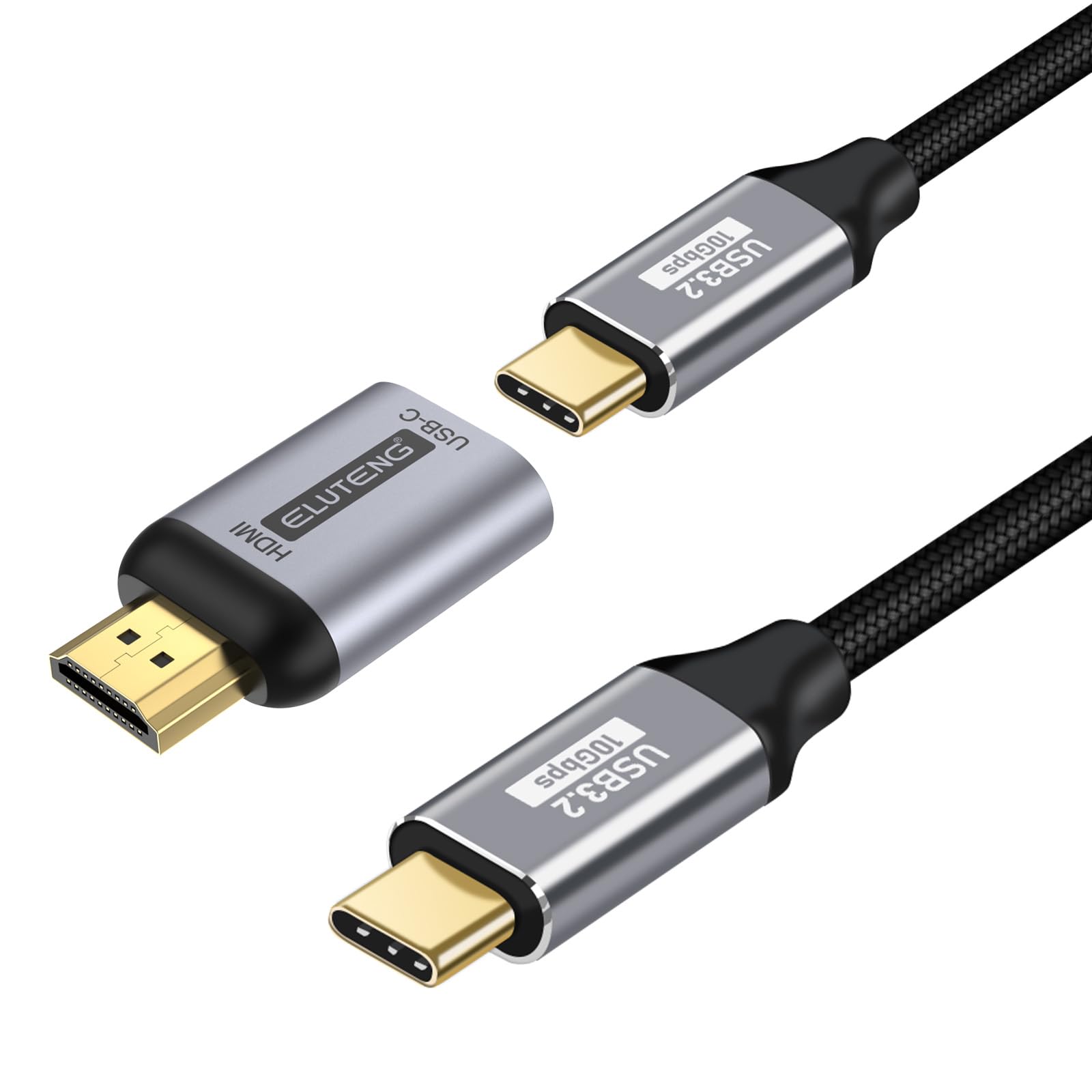 ELUTENG Adattatore USB C a HDMI 4K con Cavo Video USB C 3.2, HDMI USB C Adapter Alluminio con Thunderbolt 3/4 per iPhone 16/15 Pro/Max MacBook iPad Pro/Air Surface Book 2 XPS Galaxy