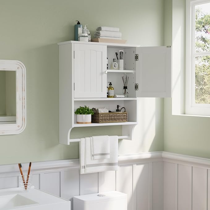 Amazon.com: Smuxee White Bathroom Cabinet Wall Mounted with Towels Bar ...