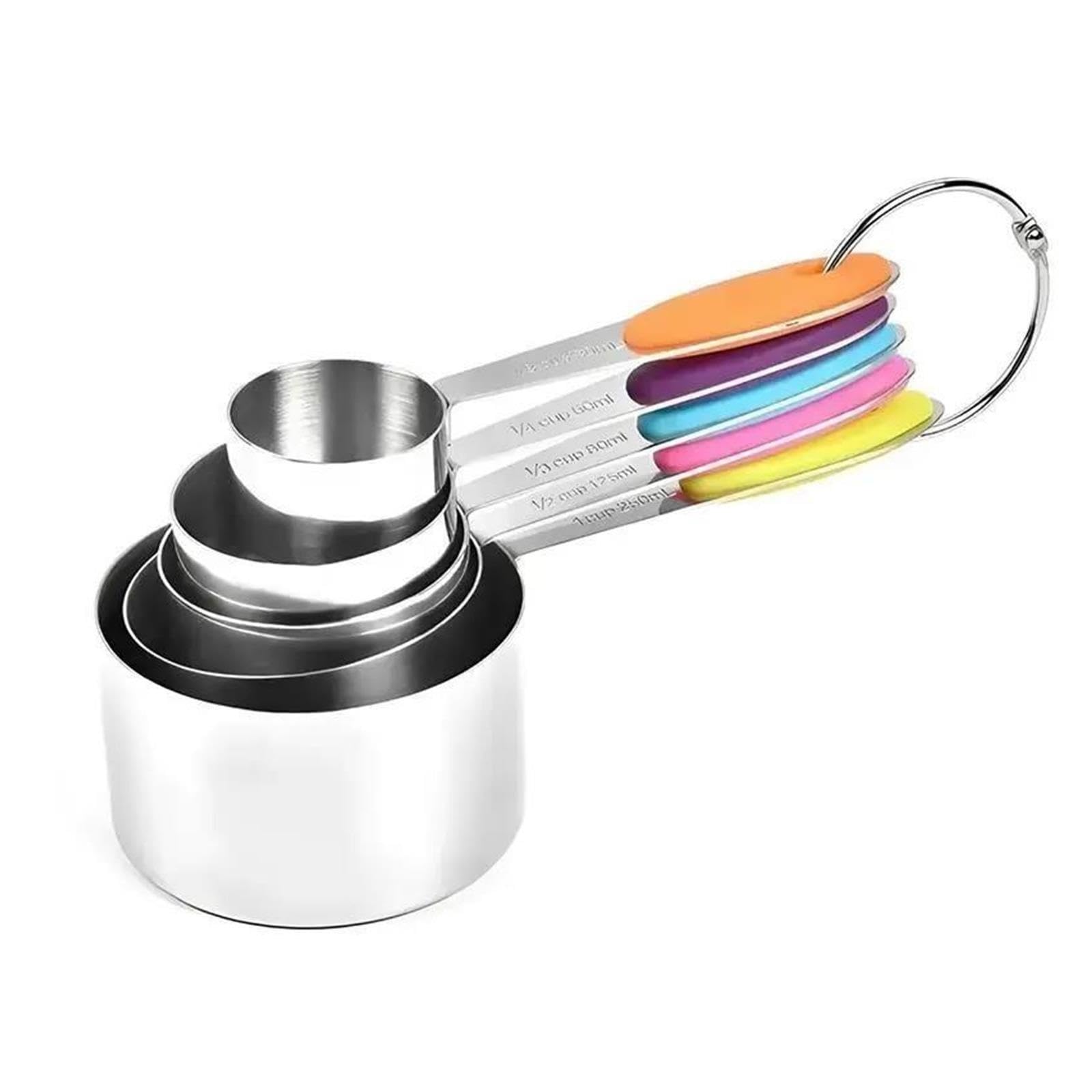 Juego de 5 tazas medidoras de acero inoxidable, cocina y repostería | Apto para lavavajillas, forma redonda para frascos de especias, mangos grabados, se cuelga con aro(Grey)
