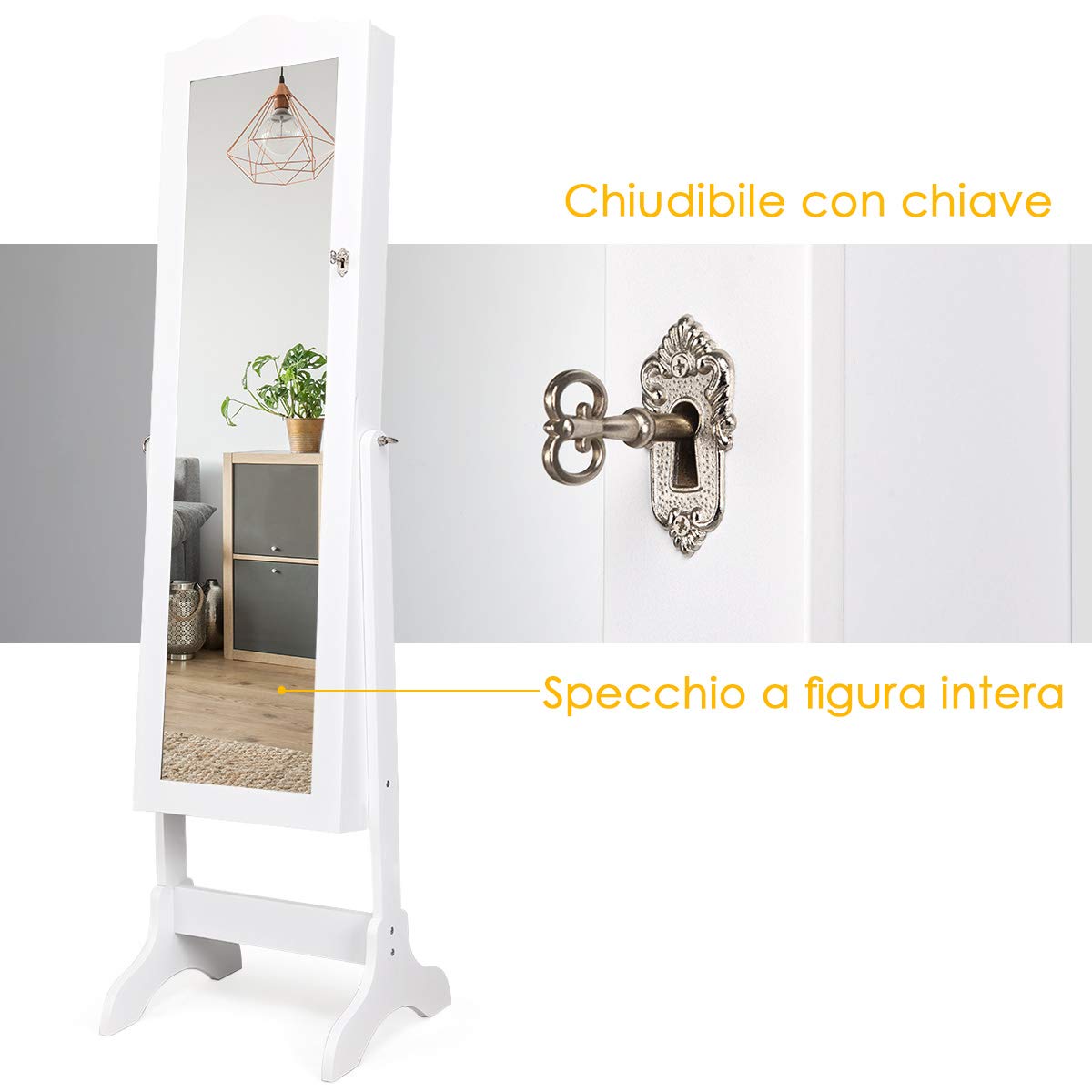 RELAX4LIFE Armadietto Portagioie da Terra con Specchio a Figura Intera, 4 Angolo di Inclinazione Regolabile, Specchio da Terra per Gioielli e Accessori (Bianco)