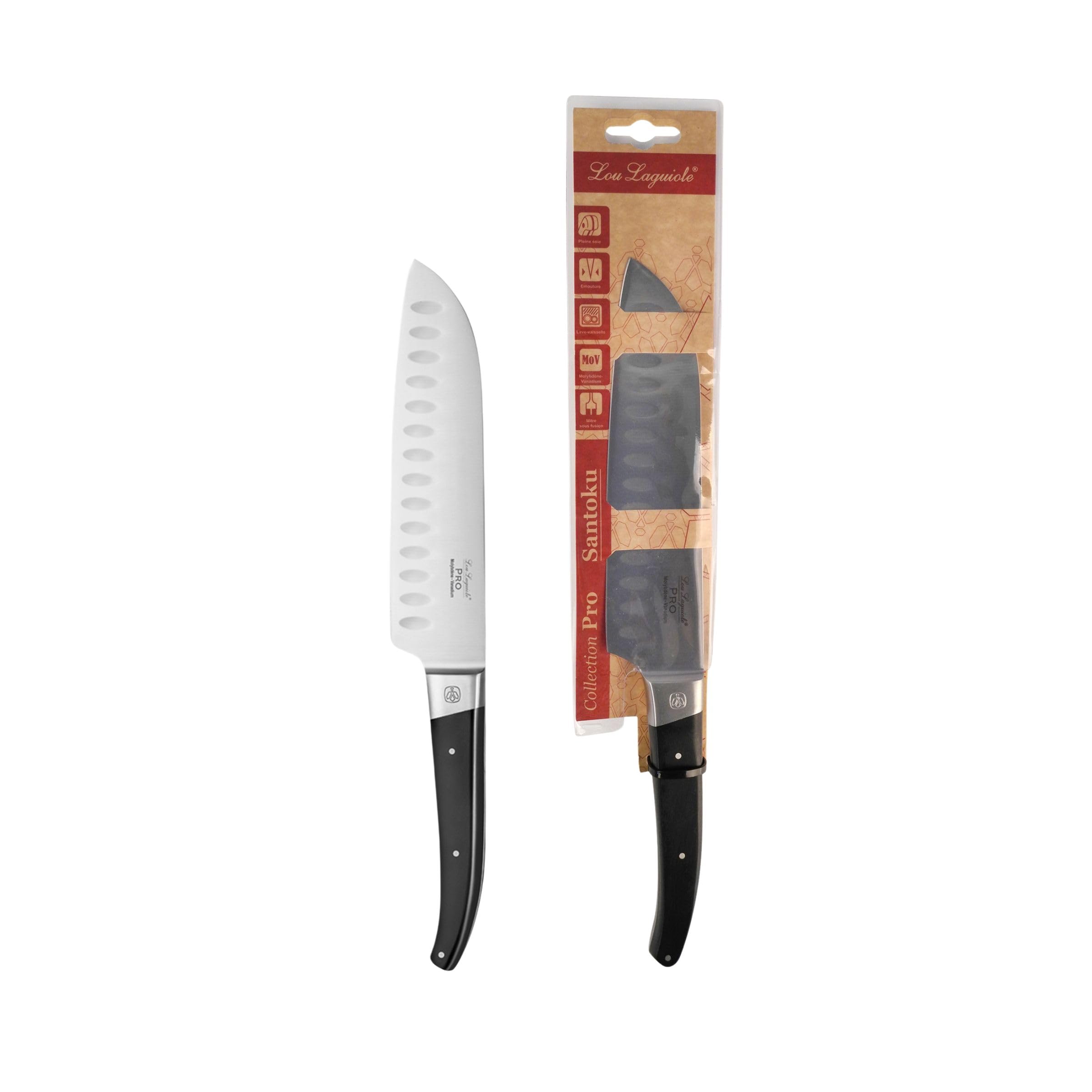 Lou Laguiole - Couteau Santoku - Pro - Acier inoxydable 5Cr15MoV, Finition Brillante - Lame 18 cm - Noir