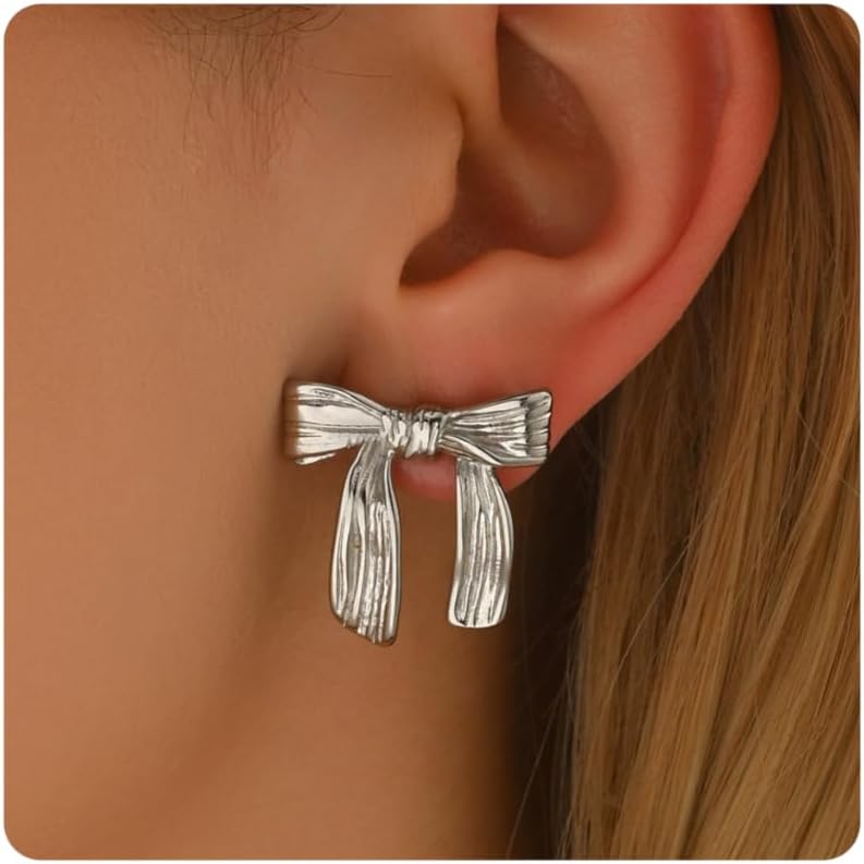 Dainty Bow Stud Earrings for Women 18K Gold Plated Minimalist Ribbon Stud Earring Cute Pearl Bowknot Earrings Simple Everday Jewelry for Her