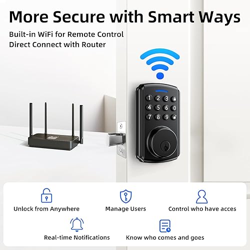 Miniatura 2 de Cerradura inteligente de cerrojo para puerta delantera, cerradura de puerta de entrada sin llave, Wi-Fi integrado con control remoto de aplicación,