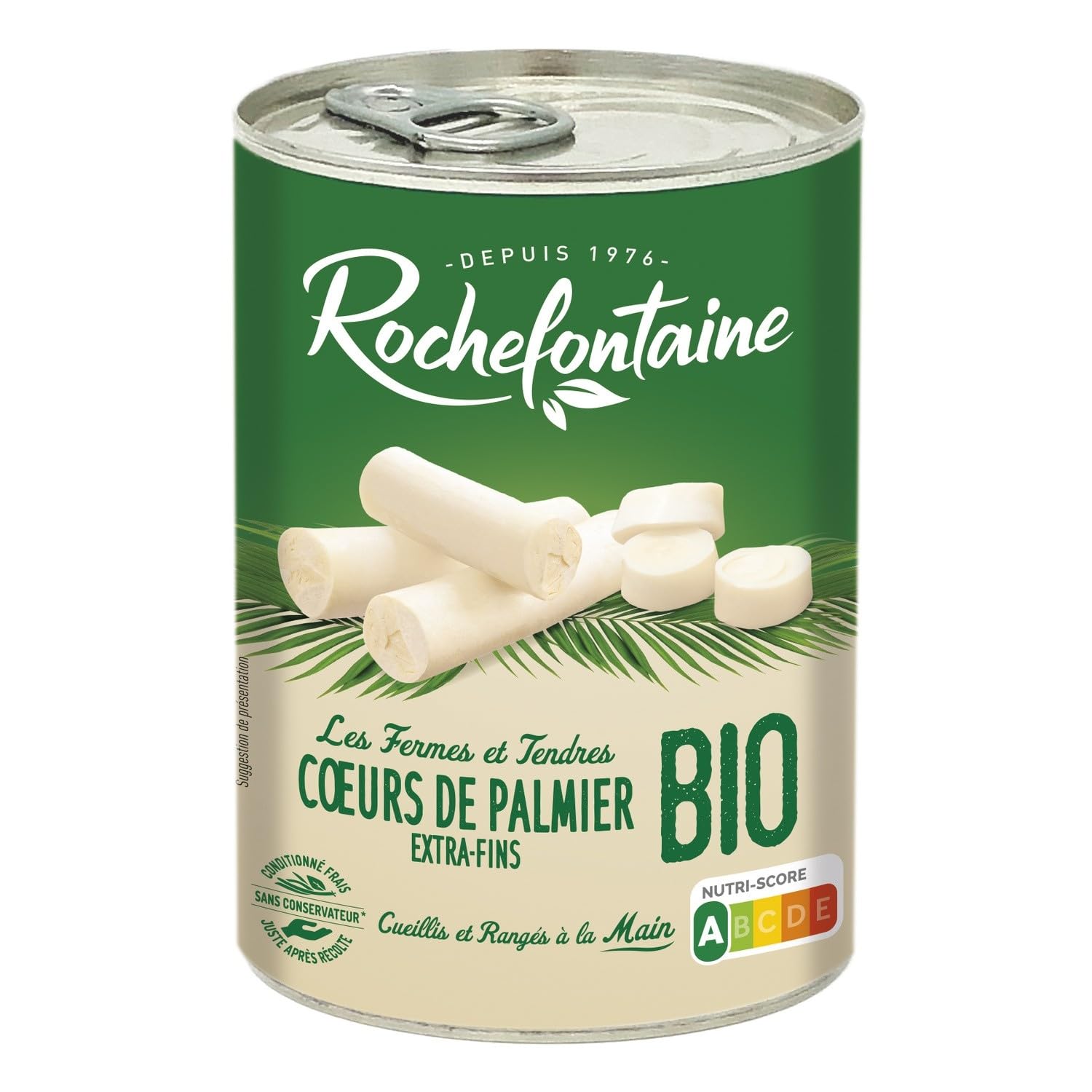 ROCHEFONTAINE Cœurs de palmier extra-fins Bio en boîte métal 400 g - Conserves végétales pratiques et légères - Nutri-Score A - Lot de 3