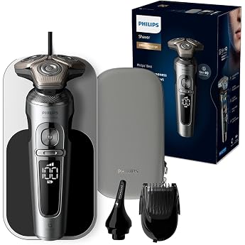 Philips Razor S9000 Prestige Wet and Dry Razor for Men with SkinIQ Technology Qi Charging Pad Cleaning Station Beard Styler & Nose Hair Trimmer Model SP9871/22