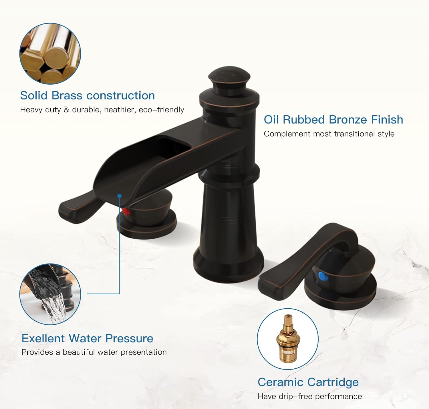 BWE Waterfall Widespread Bathroom Faucet 3 Hole Sink Farmhouse with Oil Rubbed Bronze Bath Bathtub Faucets Pop Up Drain Stopper Assembly and Supply Line 8-16 Inch 2 Handle Vanity Lavatory