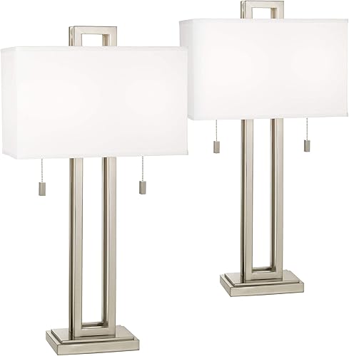Miniatura 7 de Possini Euro Design Gossard - Lámpara de mesa moderna de 30 pulgadas de alto, níquel cepillado, plata, metal abierto, tela blanca, rectangular,