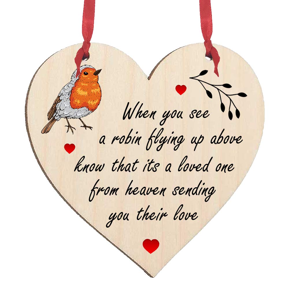 Robin Wooden Heart Hanging Plaque - Sentimental Loss Poem Sign - Love From Heaven - Designed by Maisie Moo (15cm Two Hanging Holes)