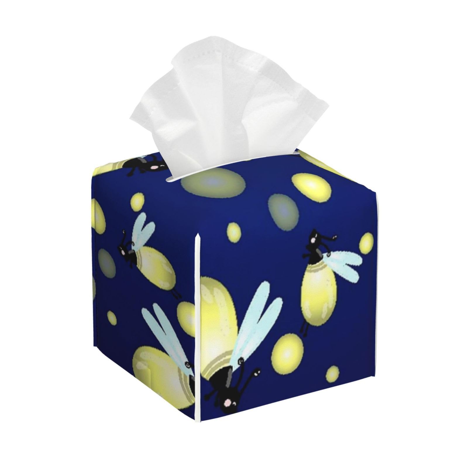 Blue Firefly Cute Cartoon Pattern with Fireflies Insects Drawn PVC Cube Tissue Pack for Home Office Bathroom Use