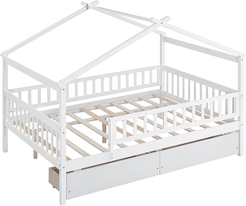 Miniatura 6 de Bellemave Cama de plataforma Montessori Full House para niños con 2 cajones de almacenamiento, barandillas y techo, madera maciza tamaño matrimonial