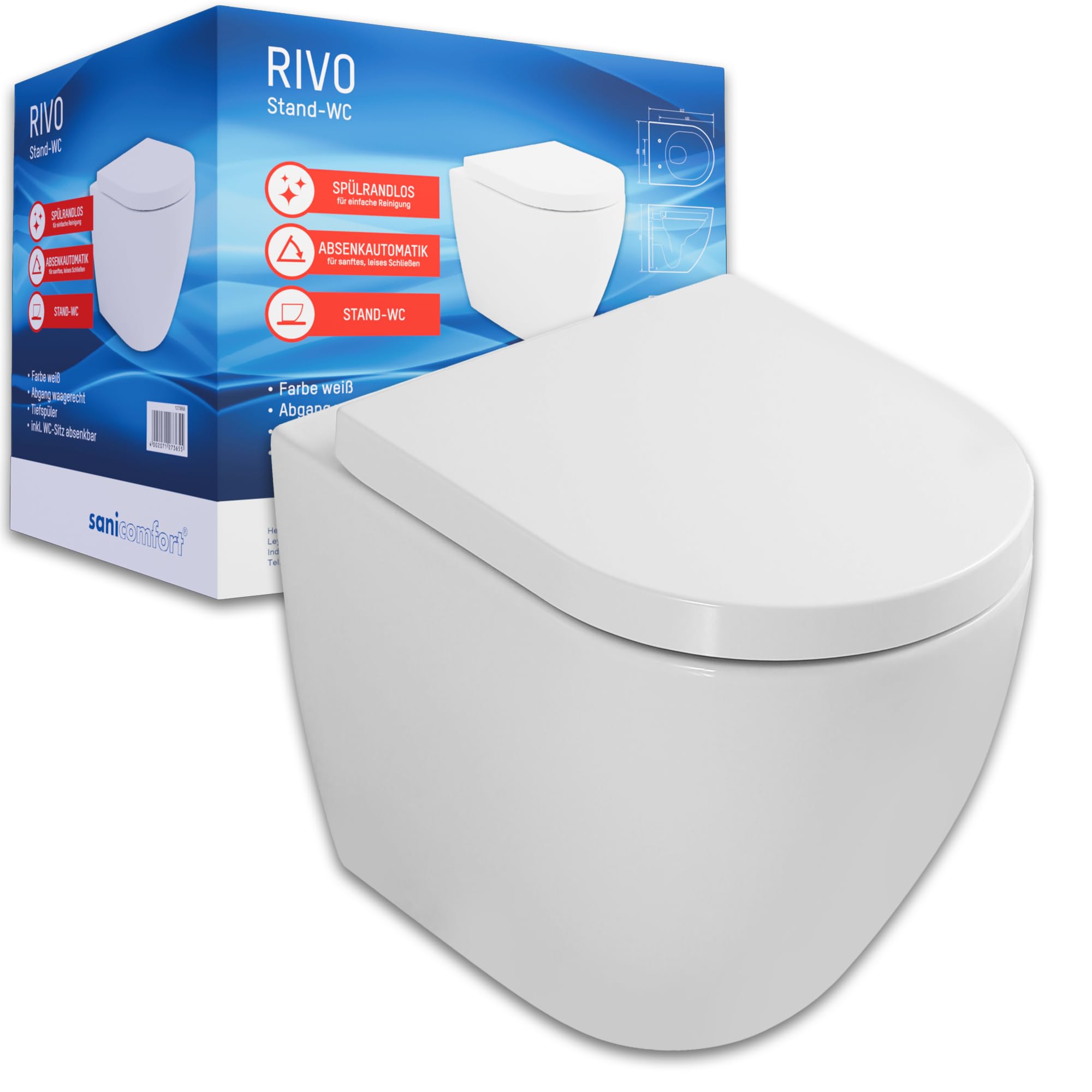 sanicomfort Stand-WC Set „Rivo“ – Spülrandlos, mit Absenkautomatik, Tiefspüler, waagerechter Abgang