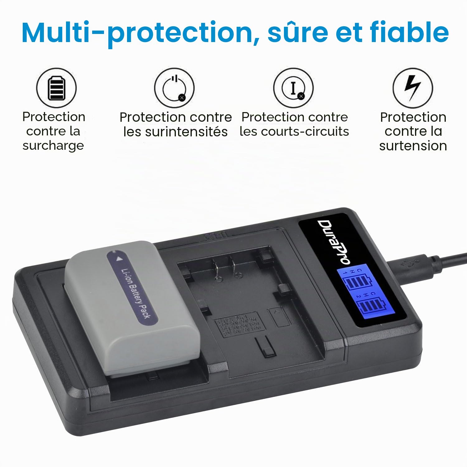 DuraPro Lot de 2 batteries NP-FP50 + chargeur LCD double USB pour Sony DVD203E, DVD205E