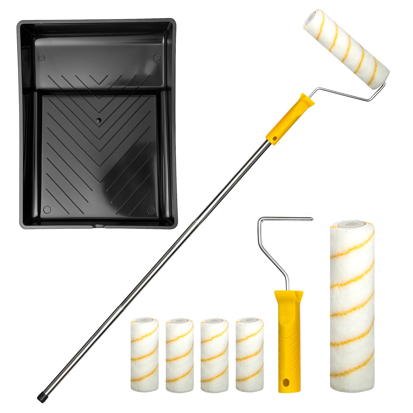 GreenWhim 10 PCS Paint Roller Set with Extension Pole, Large & Small Rollers and Tray – Effortless and Precise Painting for Walls, Ceilings, Doors and Trim