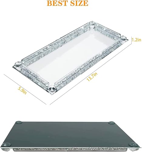 Miniatura 3 de Crystal Glass Serving Tray, Crushed Diamond Filled Modern Glass Mirror Jewelry Trinket Tray, 13.7" x 5.9" Rectangular Makeup Perfume Tray for