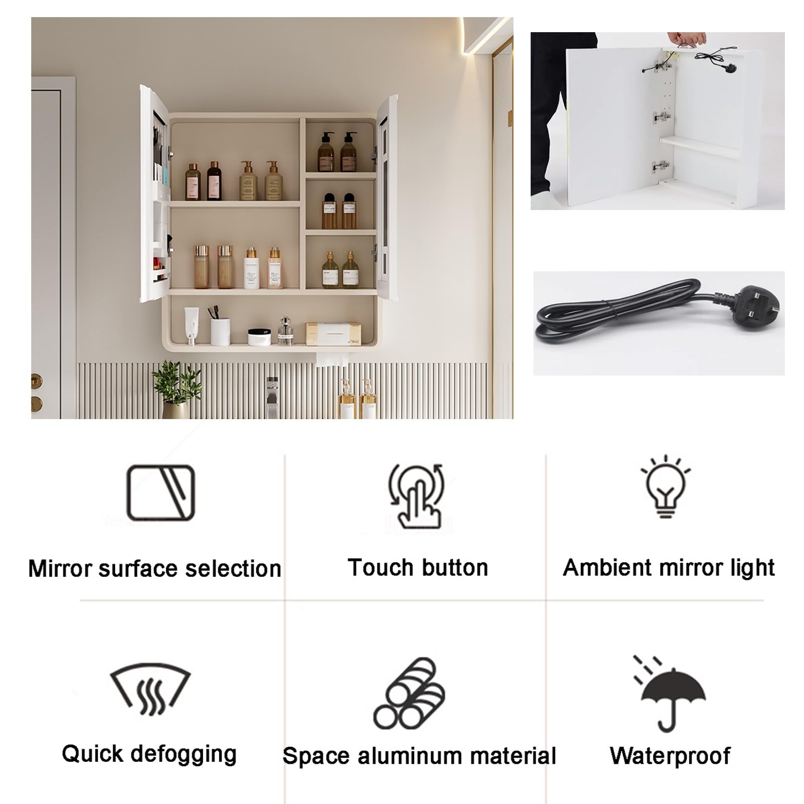 Armario con espejo de baño con luz antivaho, espejo de maquillaje, multifuncional, para almacenamiento de baño, mueble de tocador montado en la pared (60 x 70 cm (ancho x alto x alto)