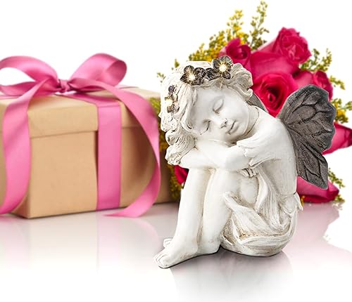 Miniatura 10 de Leekung Escultura de resina blanca marfil, figura de ángel con luces solares para decoración al aire libre, decoraciones de jardín y regalos