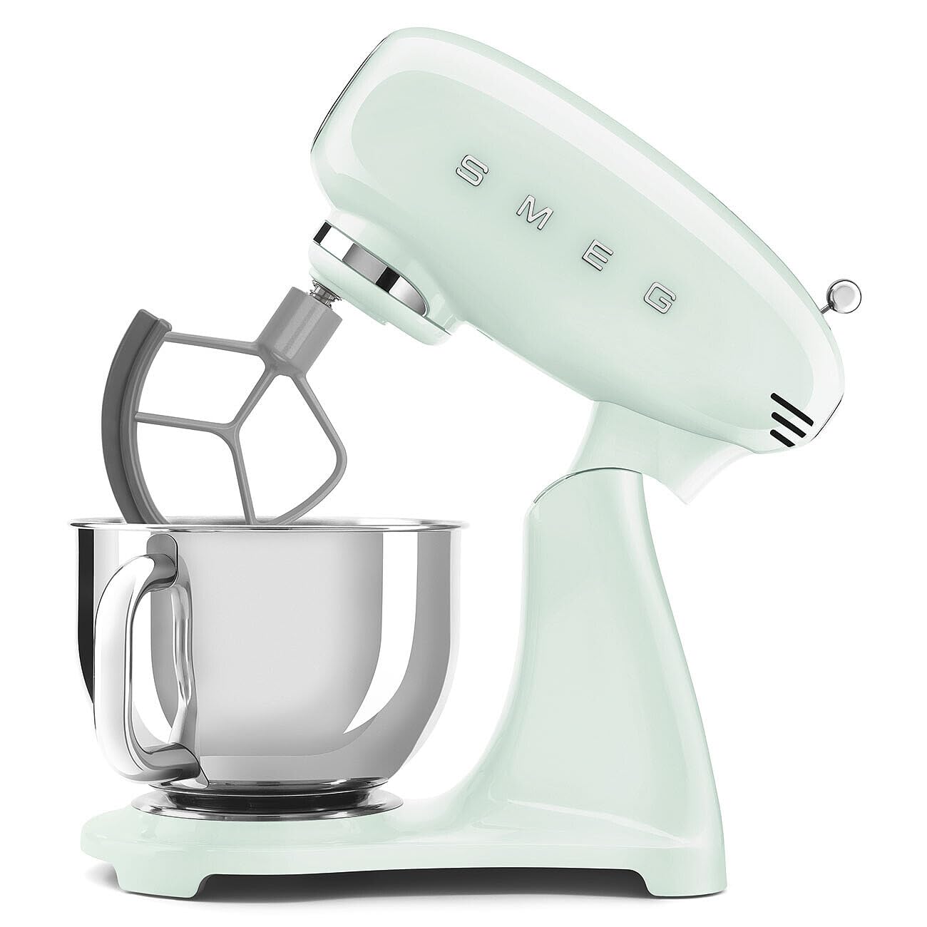 Smeg, Full Color SMF0PGREU Planetenkneter, 10 Geschwindigkeitsstufen, Smooth Start und Steady Mix Funktion, 4,8 L Schüssel, Motorblock, 3 Schneebesen und Knethaken, 800 W, pastellgrün
