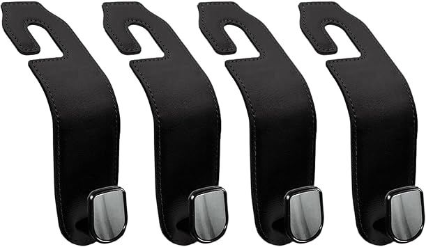 Leather Seat Headrest Hook, 4 Pack Purses and Bags Holder Hanger for Car Groceries Organization Accessories, Black