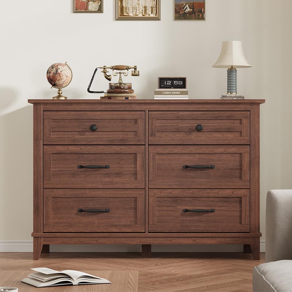 Condition photo showing Good Condition for garveehome 6 dresser for bedroom, 47 in wide drawer dresser with storage freestanding, wooden closet storage chest for living room, bedroom, entryway, walunt