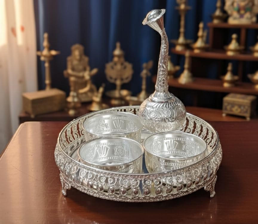 和光　SILVER950 銀　楊枝入れ3つセット Latest German Silver Naksh Combo Pooja Set,3 namalu bowls, one