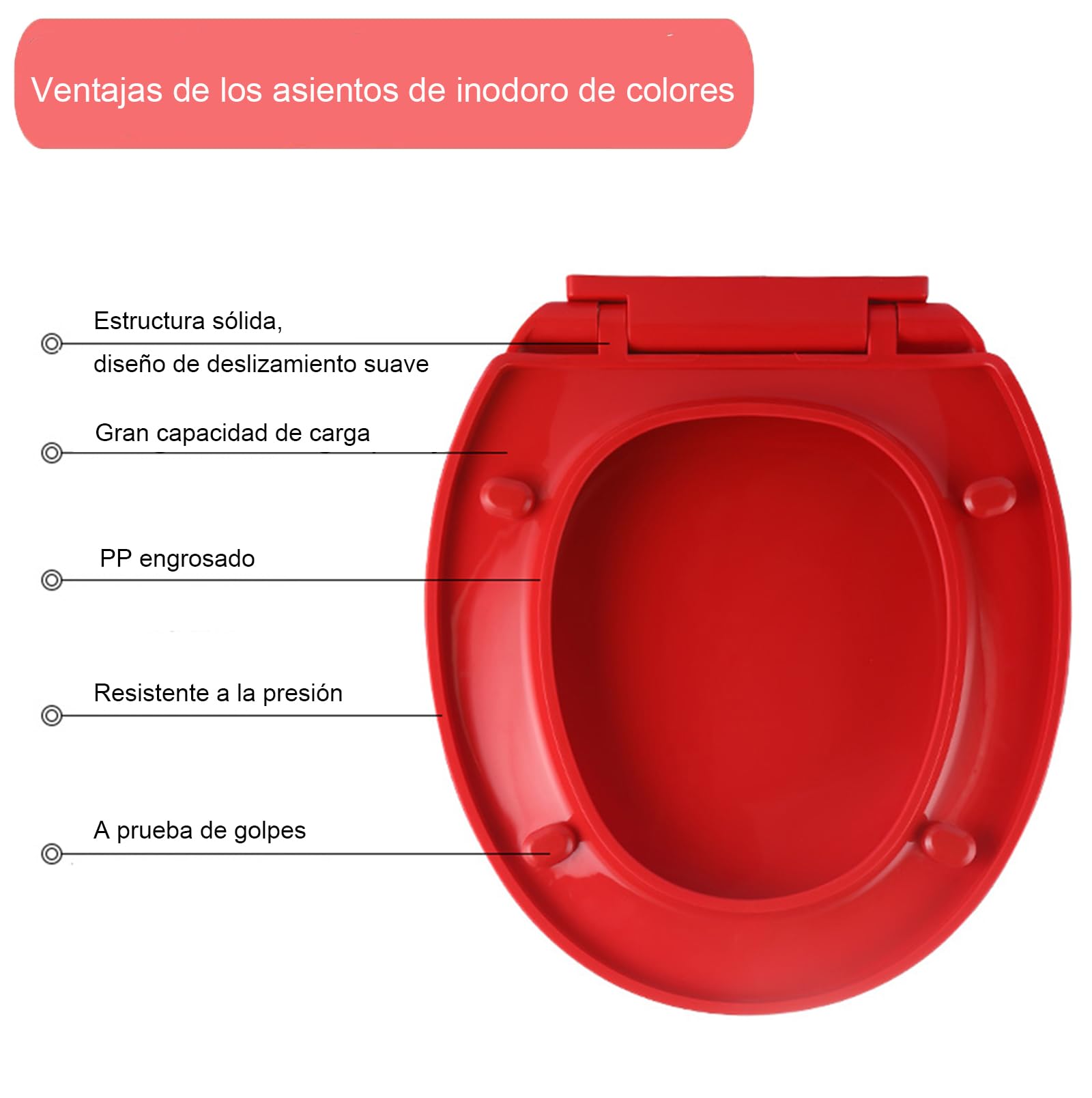 Tapa Wc Forma O Universal, Asiento de Inodoro de Cierre Suave con Liberación Rápida para una Fácil Limpieza, Tapa de Inodoro con Bisagras Ajustables, PP, Rojo, 36x41cm