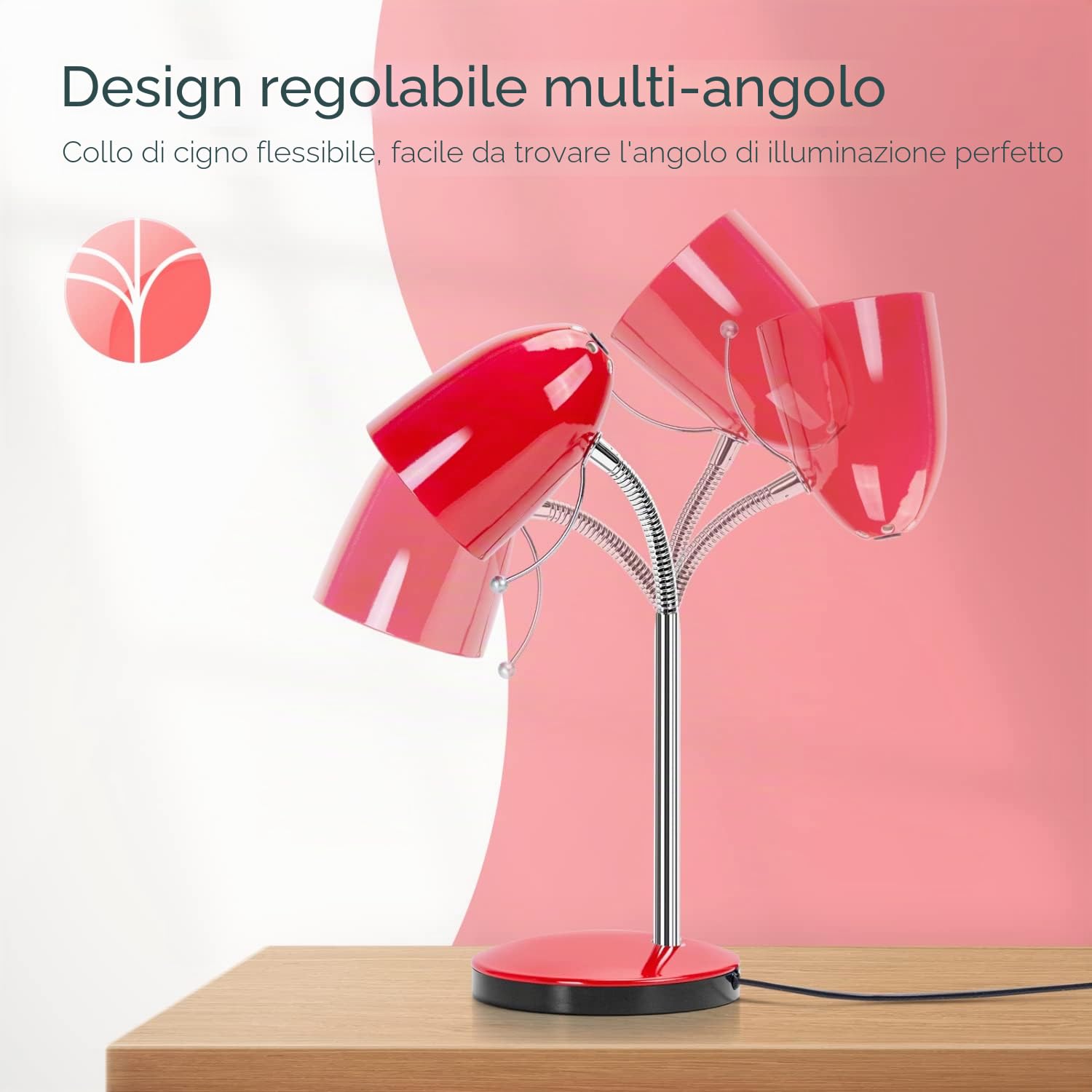 Aigostar Lampada da Tavolo Vintage E27， Lampada da Scrivania Metallo， Lampada da Comodino con Spina， Cavo da 153 cm， Braccio Regolabile， Rosso (Lampadina non Inclusa)
