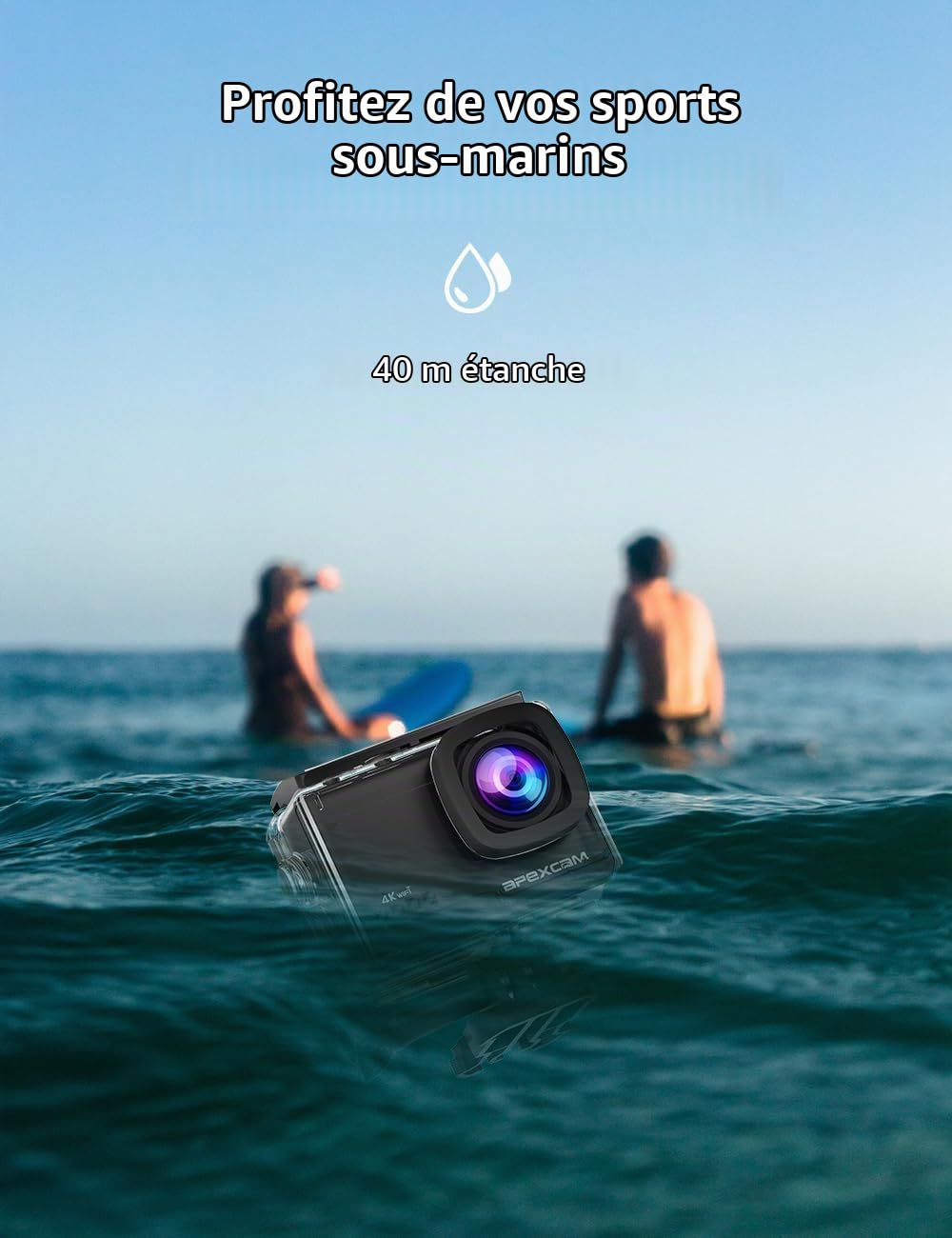 Apexcam Caméra Sport 4k 60fps Camera Sportive de 64MP Caméra sous-Marine 40M, Plusieurs Modes de Prise de Vue avec Télécommande, 2 * 1350MhA Batteries Rechargeables et Sac d'accessoires