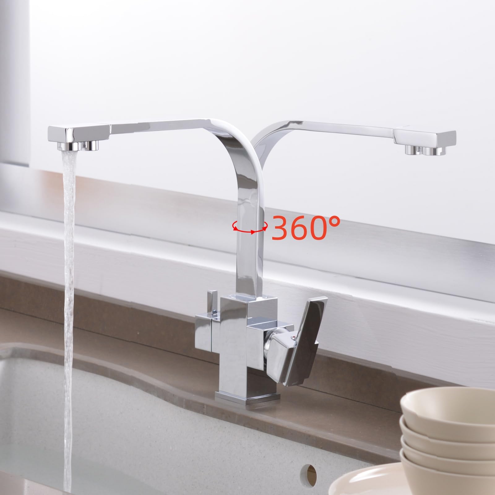 Grifo de cocina cromado giratorio de 360° con sistema de ósmosis de doble salida para agua potable, grifo mezclador de alta calidad para fregadero, diseño moderno, fácil instalación