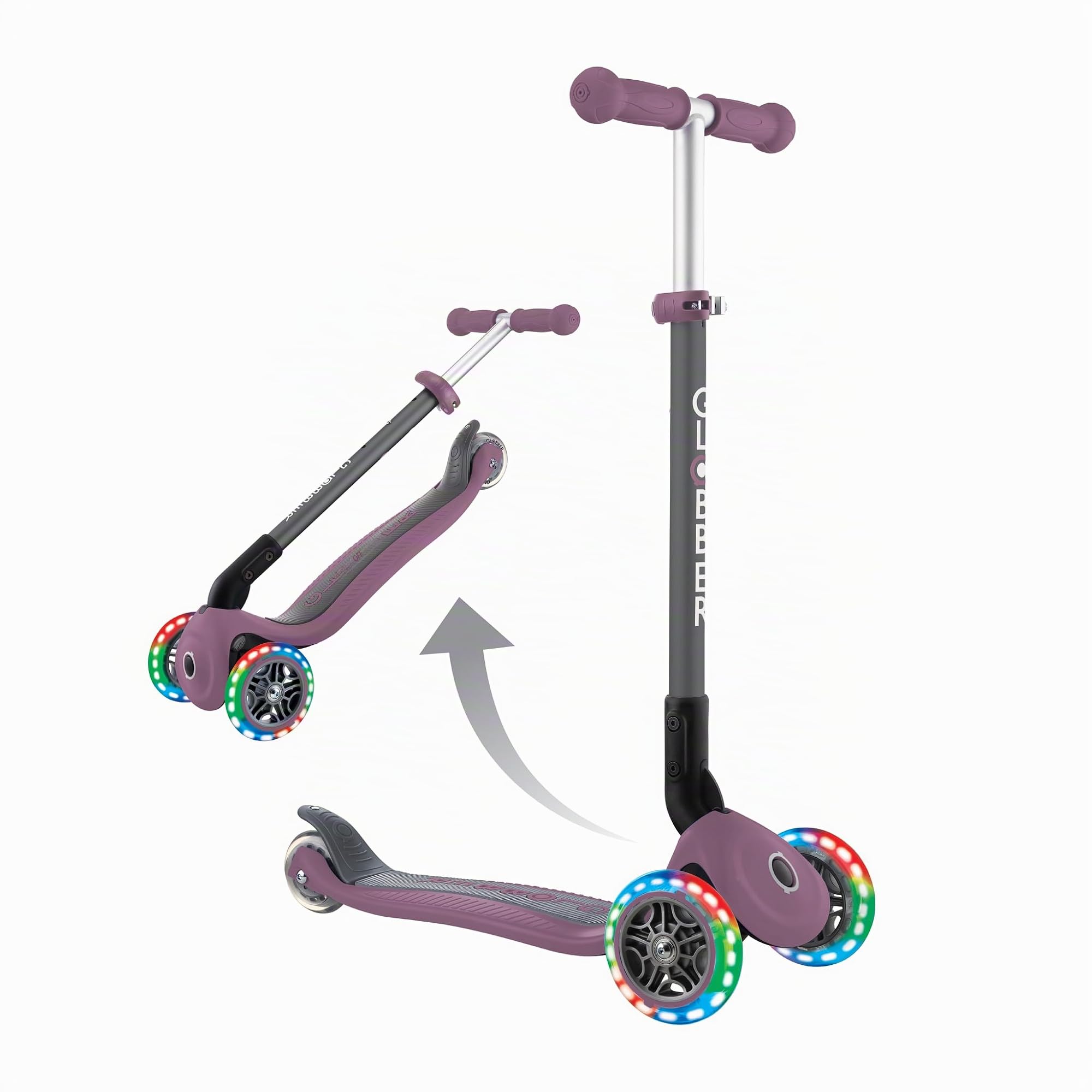 GLOBBER Primo Foldable Lights - Patinete infantil 120/80 mm, ABEC 5, 3 ruedas, altura regulable, ruedas LED, color morado