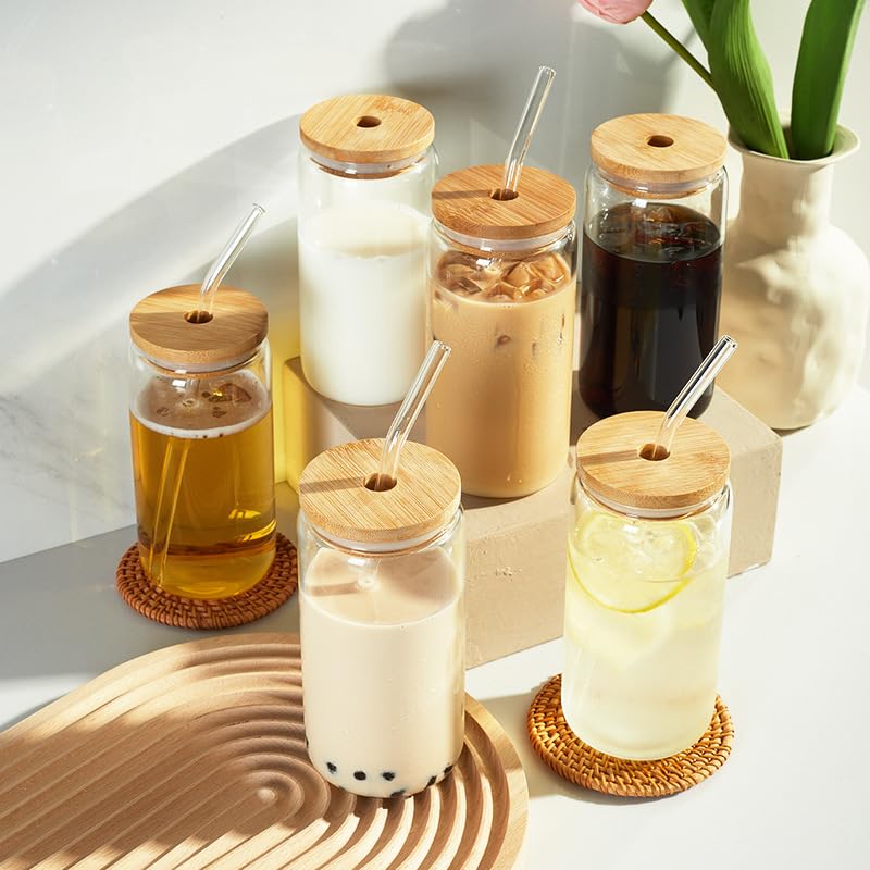 Cazlangtvy Castuvy Drinking Glasses with Bamboo Lids and Glass Straw, 16 Oz Glass Cups for Coffe, Beer, Cute Tumbler Cup for Soda Boba Tea Cocktail, coming 2 Cleaning Brushes, Pack of 6 2