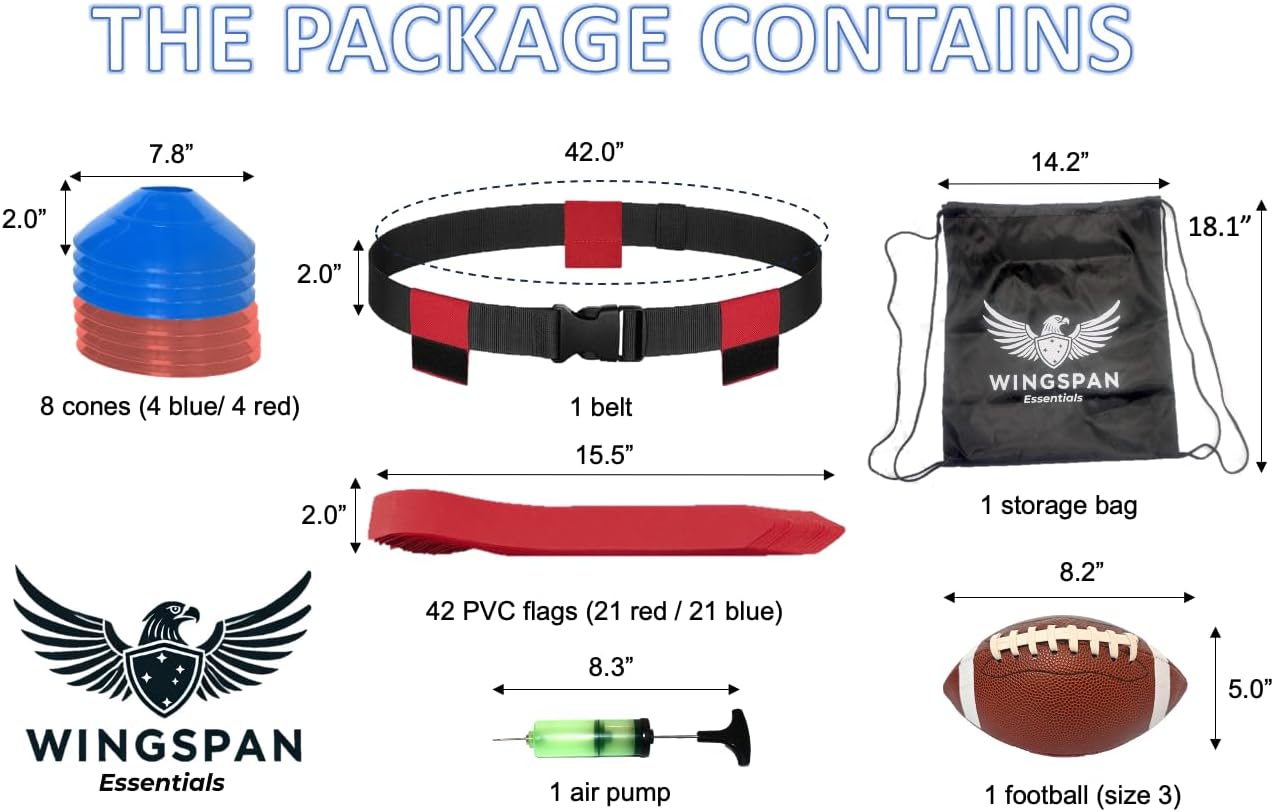 Flag Football Set for Kids & Adults – 14 Adjustable Belts with 42 PVC Flags, Size 3 Football, 8 Cones, Pump & Carry Bag – Flag Football Belts & Accessories Kit for 14 Players