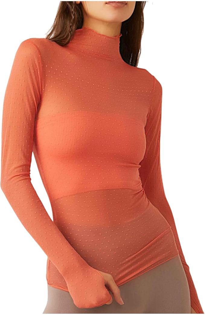 Mesh Tops for Women Long Sleeve High Neck Slim Fitted Top