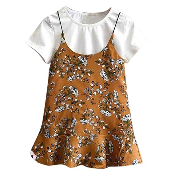 Hopscotch Girls Poly Cotton Half Sleeves Floral Printed Top and Casual Dresses in Yellow Color
