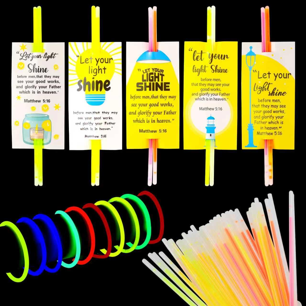 LiYiQ 50 Packs Christian Gifts Cards with 100 Glow Sticks Let Your Light Shine Cards with Glow Sticks Religious Bible Verse Cards for VBS Sunday School Supplies (Christian)
