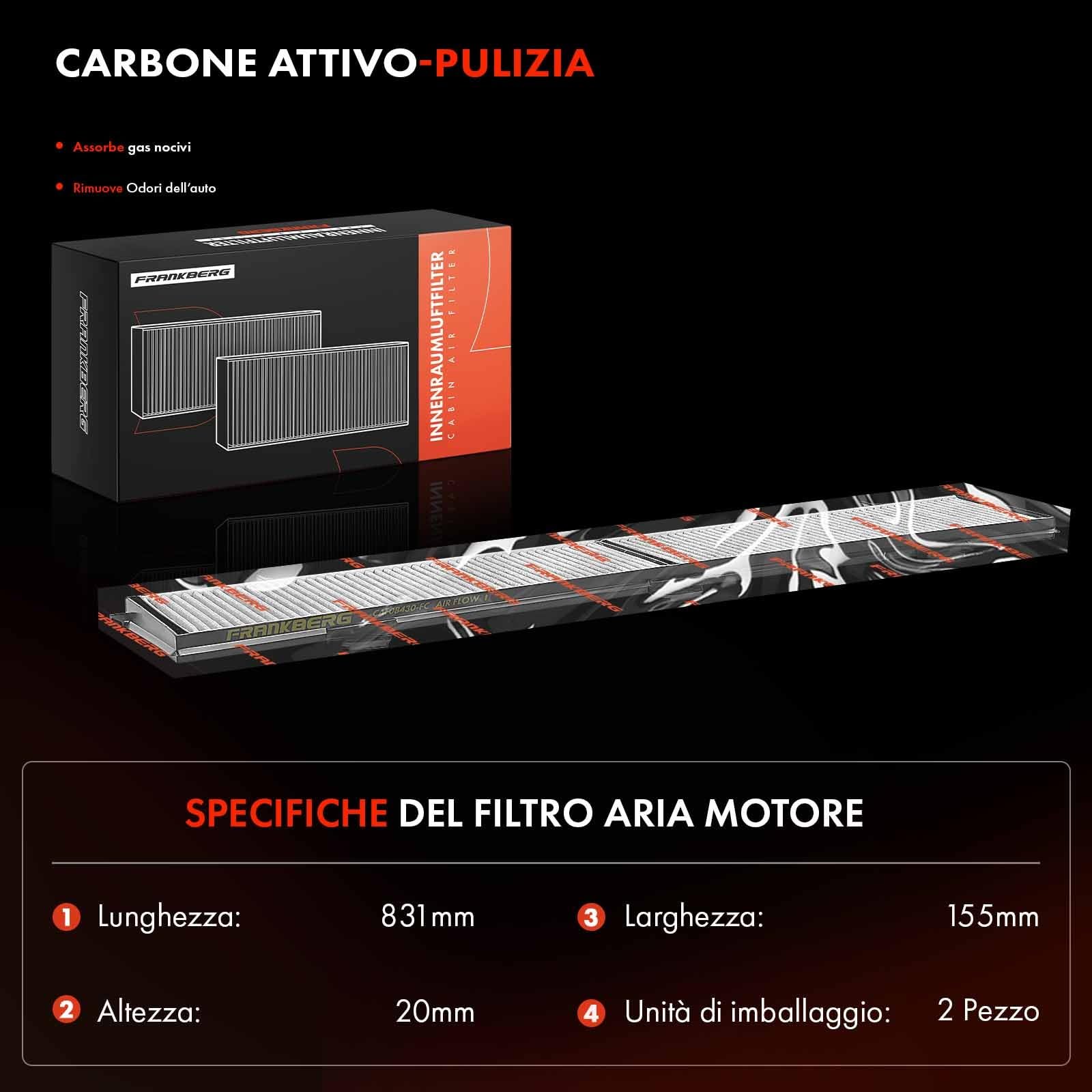 Frankberg 2 filtri antipolline per abitacolo con carbone attivo | 64316946628, Compatibile con: Serie 1 Cabrio E88, Serie 3 Touring E91, X1 E84, Complesso residenziale D3 E91, D3 E90