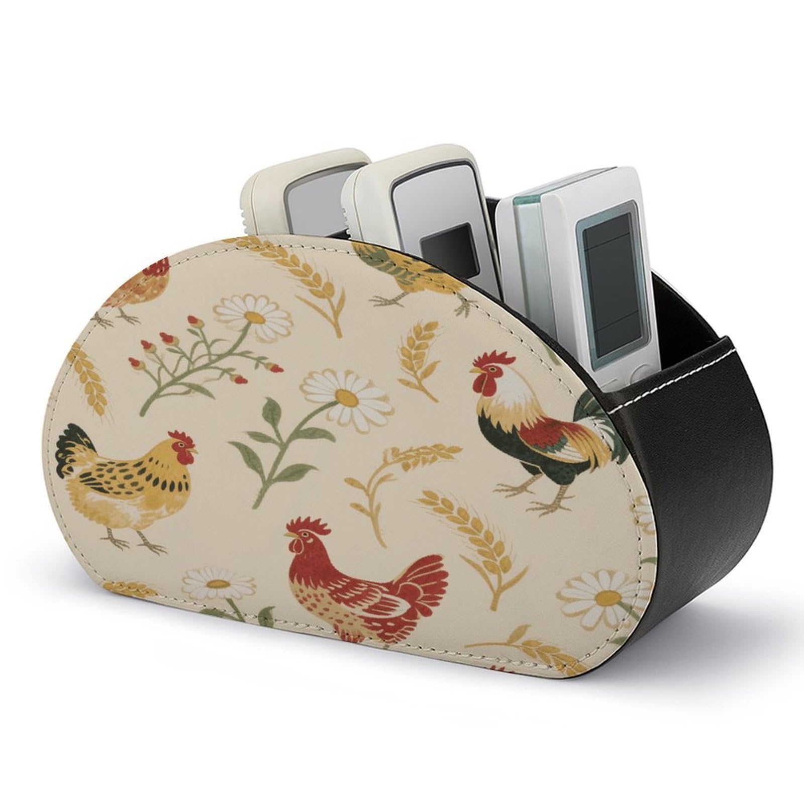 VstaDank Chicken And Rooster Print Remote Control Holder with 5 Compartments PU Leather TV Remoter Caddy Desktop Organizer TV Remote Holder Remote Box for Media Controllers Office Supplies