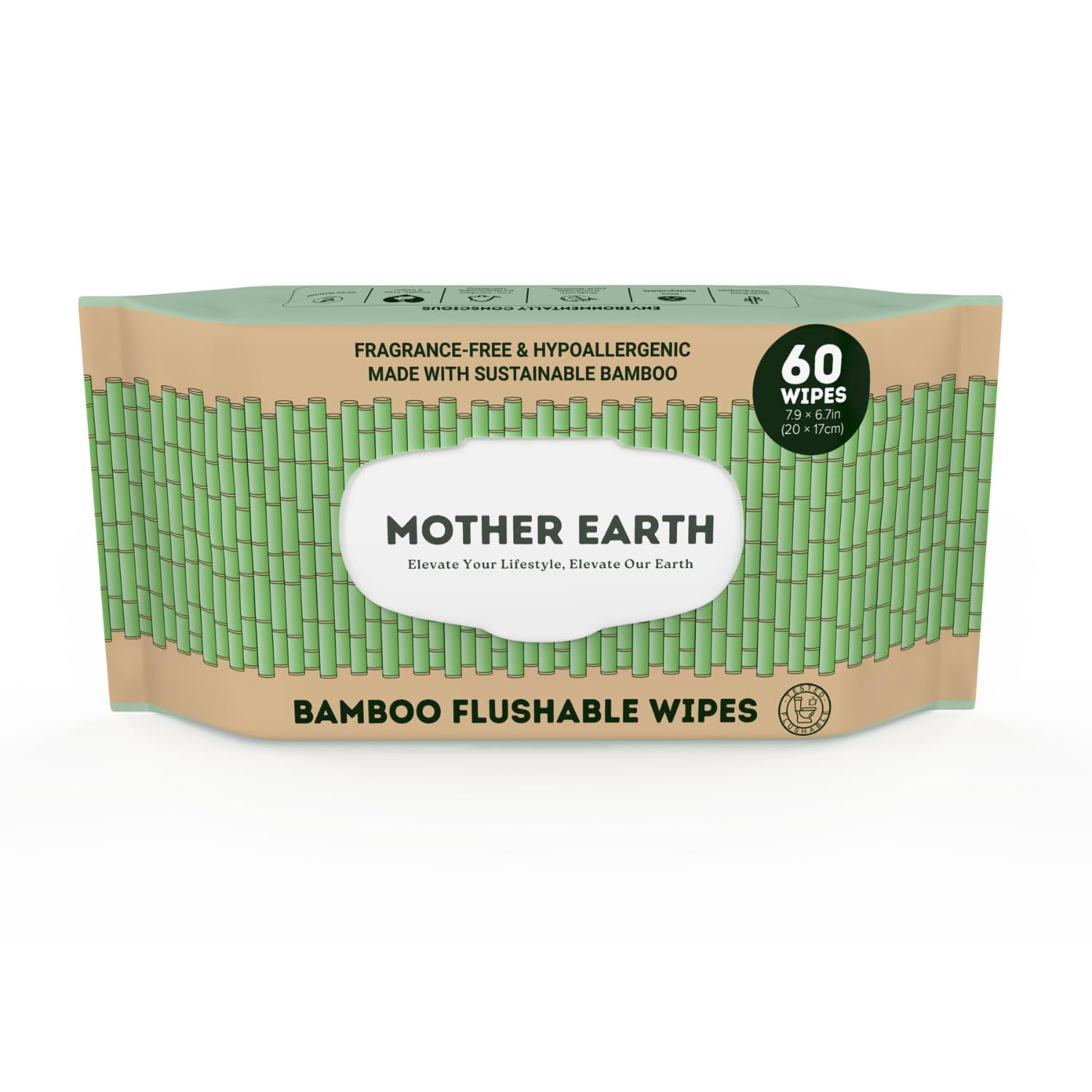 MOTHER EARTH Bamboo Flushable Wipes for Sensitive Skin, Septic Safe, Hypoallergenic, Unscented Toilet Wipes (60 Flushable Wipes)