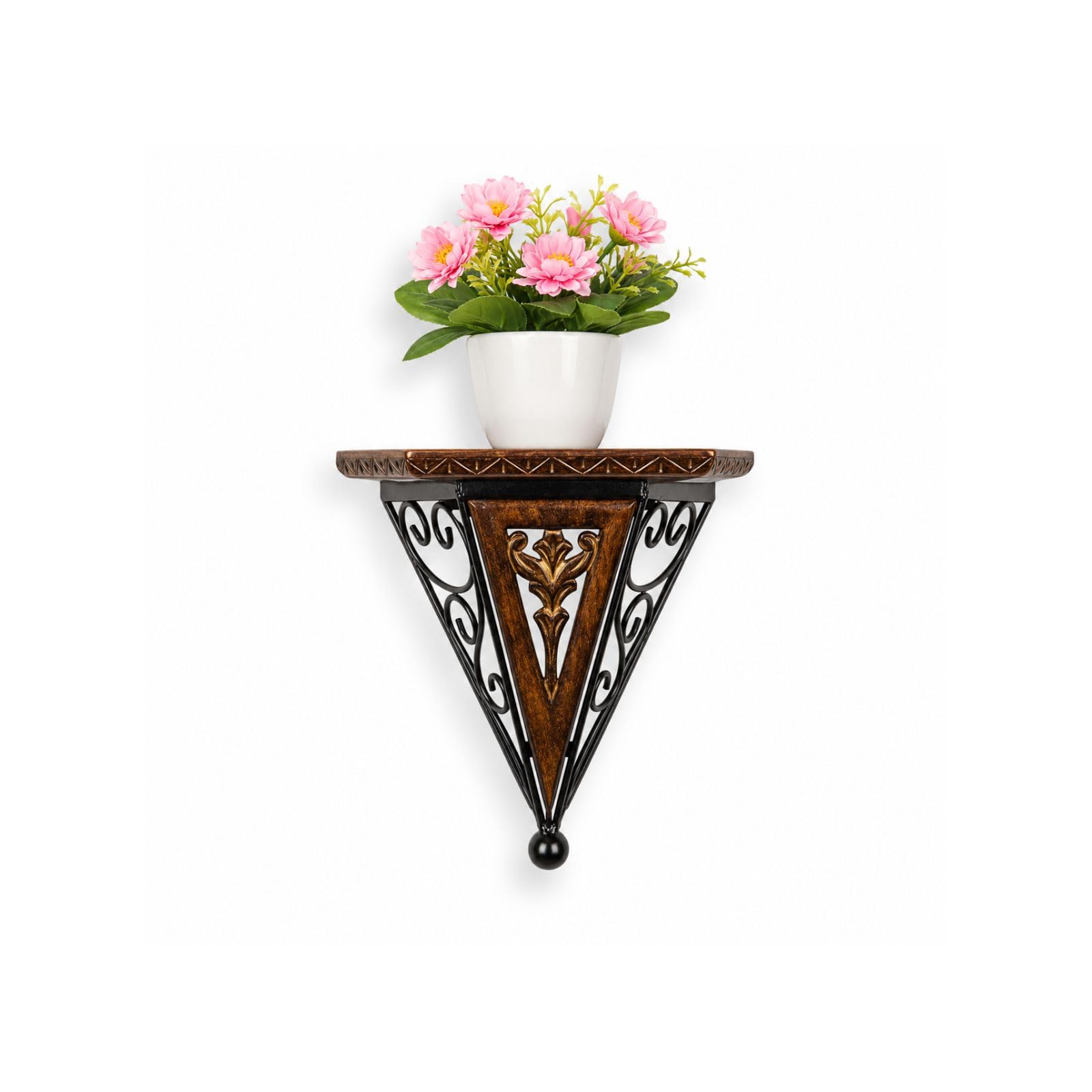 KM Wood Art Wrought Iron Wooden Corner Wall Shelf Iron & Mango Wood | Ideal for plants, idols, candles and décor accents.-image-12