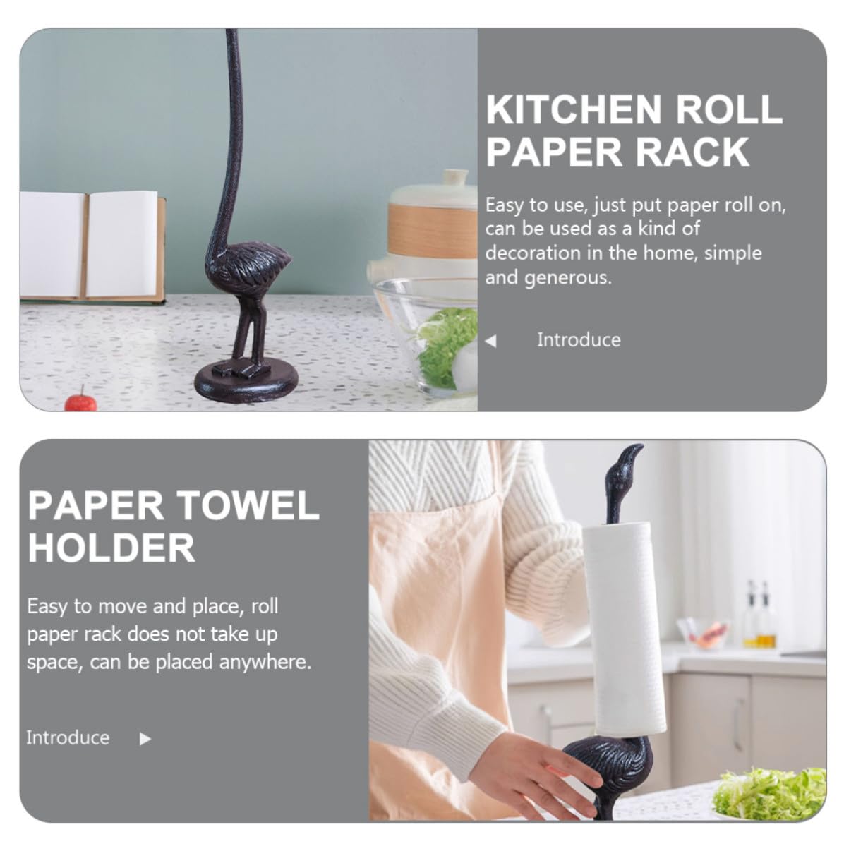 Toyvian Porta Rotolo Carta Cucina Fenicottero, Porta Carta Asciugatutto Verticale da Tavolo, Ferro Nero, Base Antiscivolo, per Cucina e Bagno