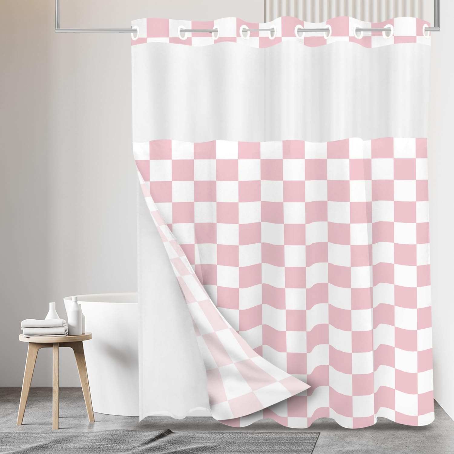 Tititex No Hooks Snap in Liner White Blush Pink Checkerboard Shower Curtain Sets, Hotel Luxury Grid Double Layers Waterproof Fabric & See-Through Top Window Bathroom Decorative 72x72 Inch