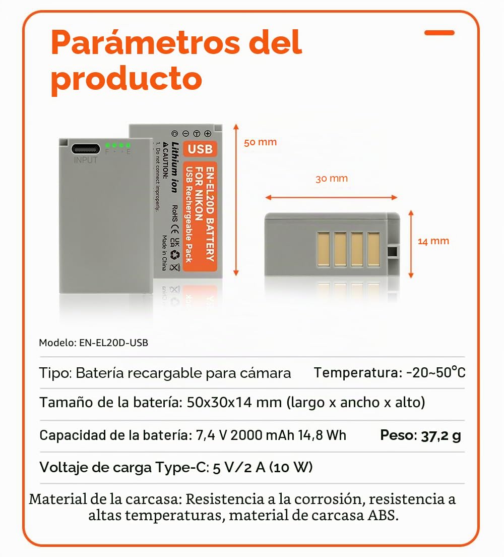 2Pcs ENEL20 EN-EL20a Baterías de Repuesto con LED y Cable de Carga USB-C para Nikon Coolpix P950, P1000, P1100, Coolpix A, 1 J1, 1 J2, 1 J3, 1 S1, 1 V3, DL24-500, 1 AW1