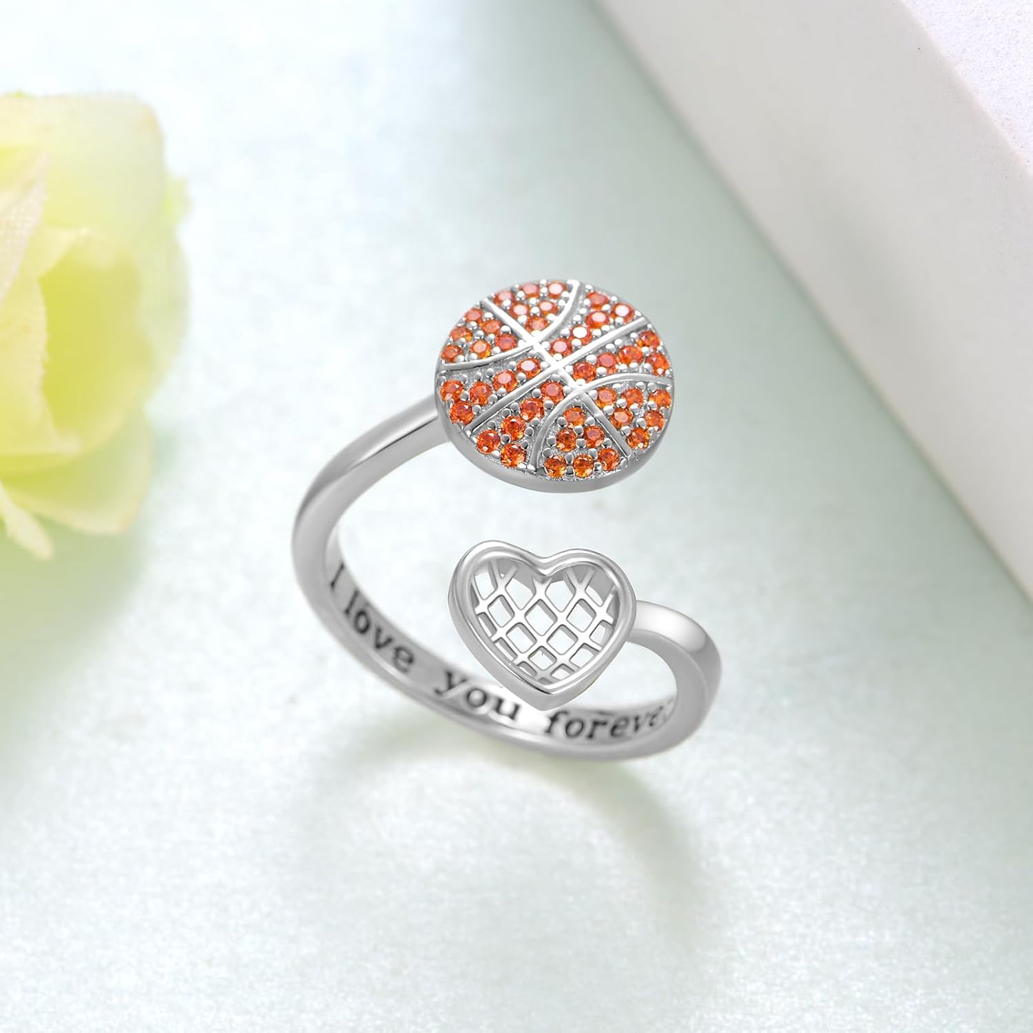 Basketball Ring S925 Sterling Silver Adjustable Basketball Open Ring Sport Jewelry Gifts for Women Lovers - Image 3