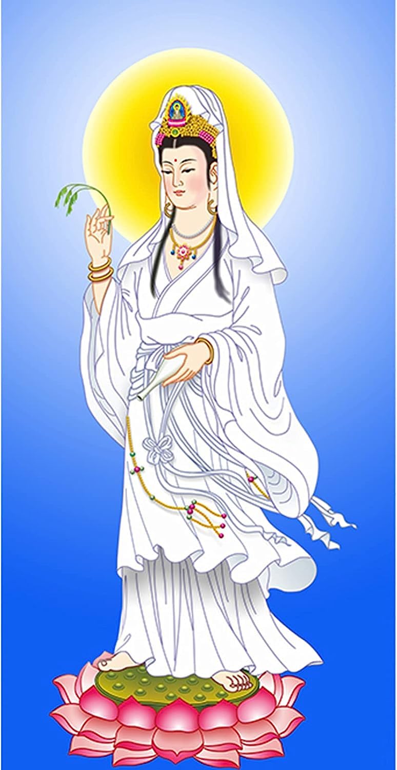 Rysunek na jedwabnym zwoju, Guanyin chiński jedwabny zwój malarstwo Feng Shui powodzenia Wall Art Multicolor(B)