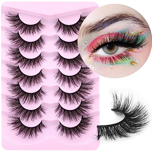 Mink Lashes Natural Look False Eyelashes Wispy Fluffy 3D Mink Lashes Cat Eye Flat Lashes Natural Fox Eye Fake Lashes Extensions Strip Eyelashes Pack 7 Pairs #TOP23