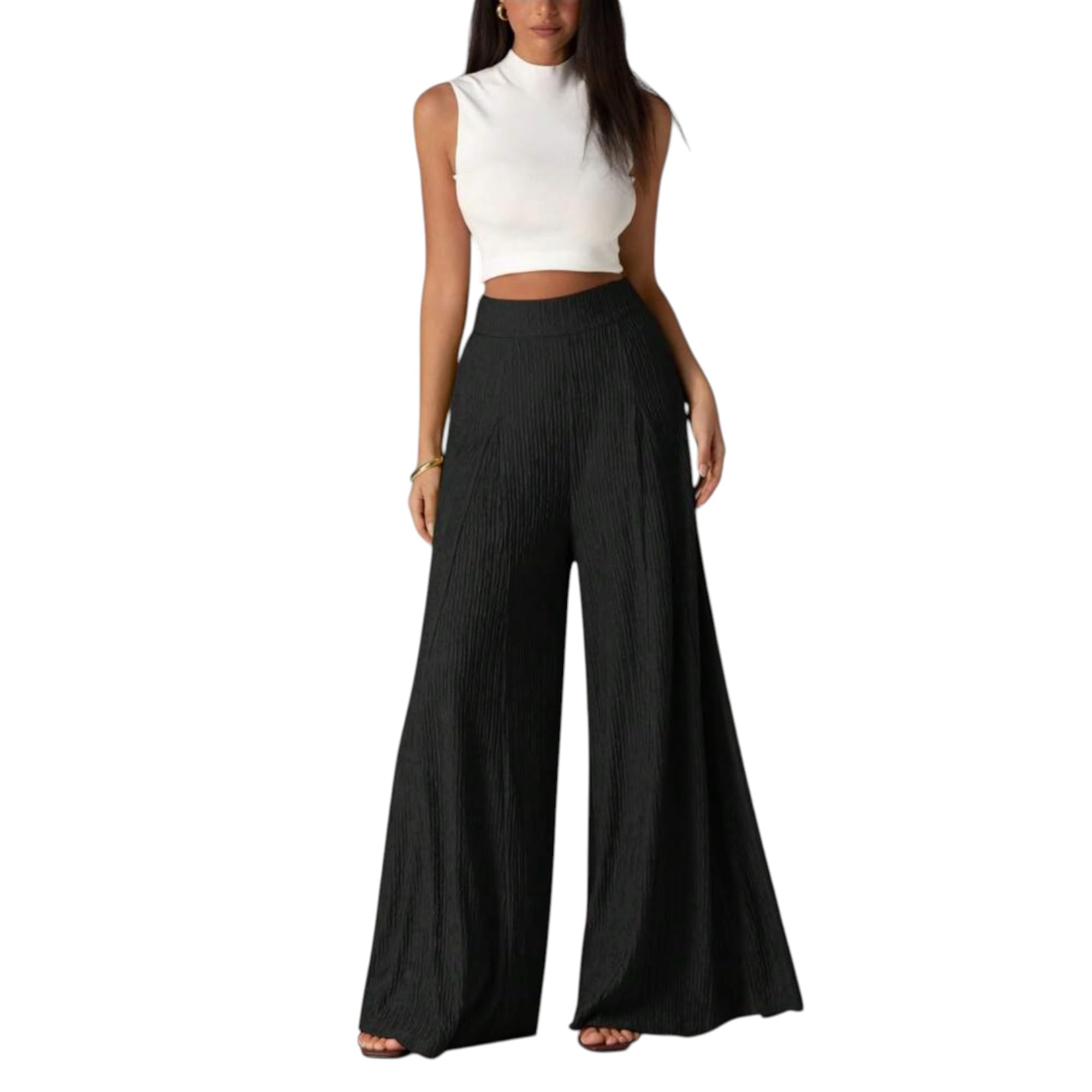 lirit Women's Black Textured High Waist Flair Pants with Wide Leg Flowing Silhouette, Elastic Waistband, Relaxed Fit Full Length Casual Palazzo Trousers-picture-51
