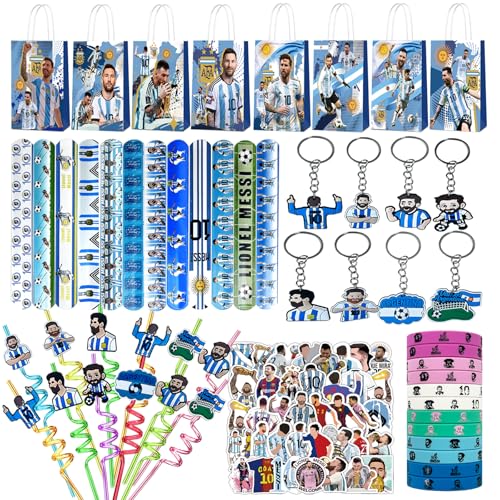 Soccer Star Party Favors Set-122PCS Soccer Decorations Supplies Includes Silicone Bracelets Keychains Gift Bags Straws with Straws Accessories and Stickers for Soccer Fans & Sport Party