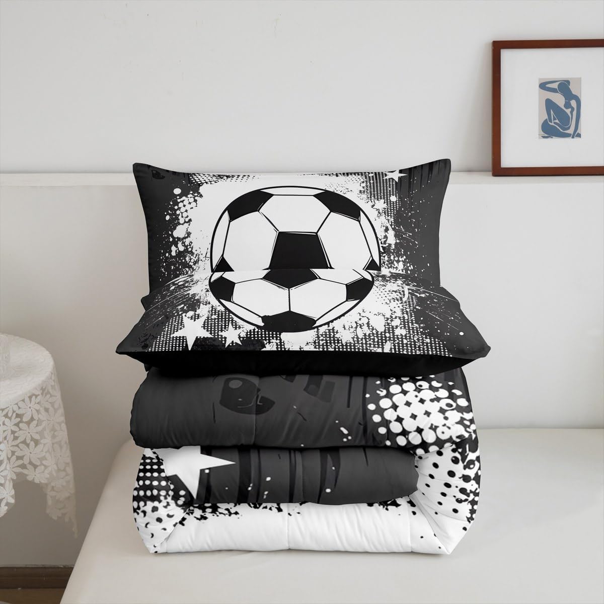 Feelyou Football Kids Comforter Set Queen Size Soccer Bedding Set Sports Games Duvet Quilt for Kids Boys Girls Bedroom Black White Decor Microfiber Ultra Soft Breathable