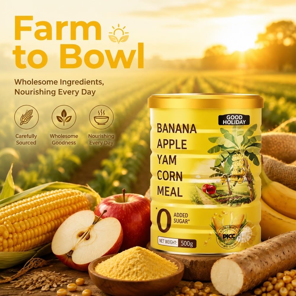 Polvere di mais istantanea con banane e mele, 500 g | Cereali caldi istantanei 30s con patate dolci, mais, banane, mele, pezzetti di vera frutta, 500 g.